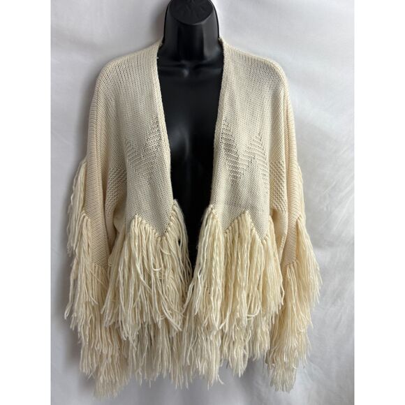 Blue B Collection Cream Beige Cardigan Chunky Knit Sweater Size S Fringe Boho - Picture 1 of 9